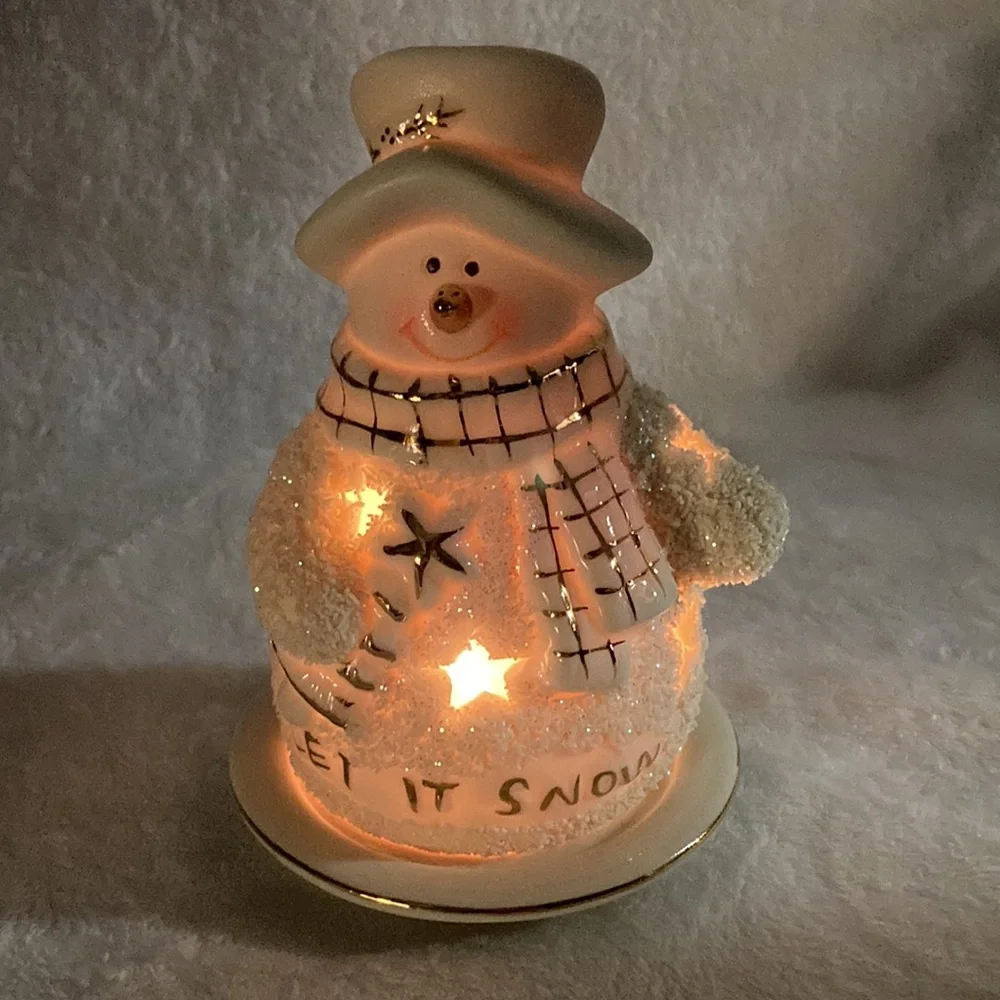 Christmas Let It Snow Ceramic Snowman Tea Light Holder with Plate NIB